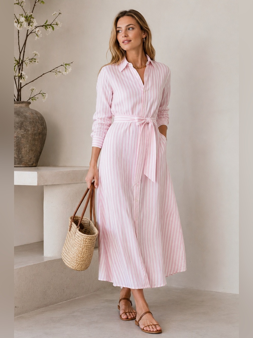 Polo Ralph Lauren Linen Shirt Dress Pink White Stripe Belted A-Line Midi Maxi 6